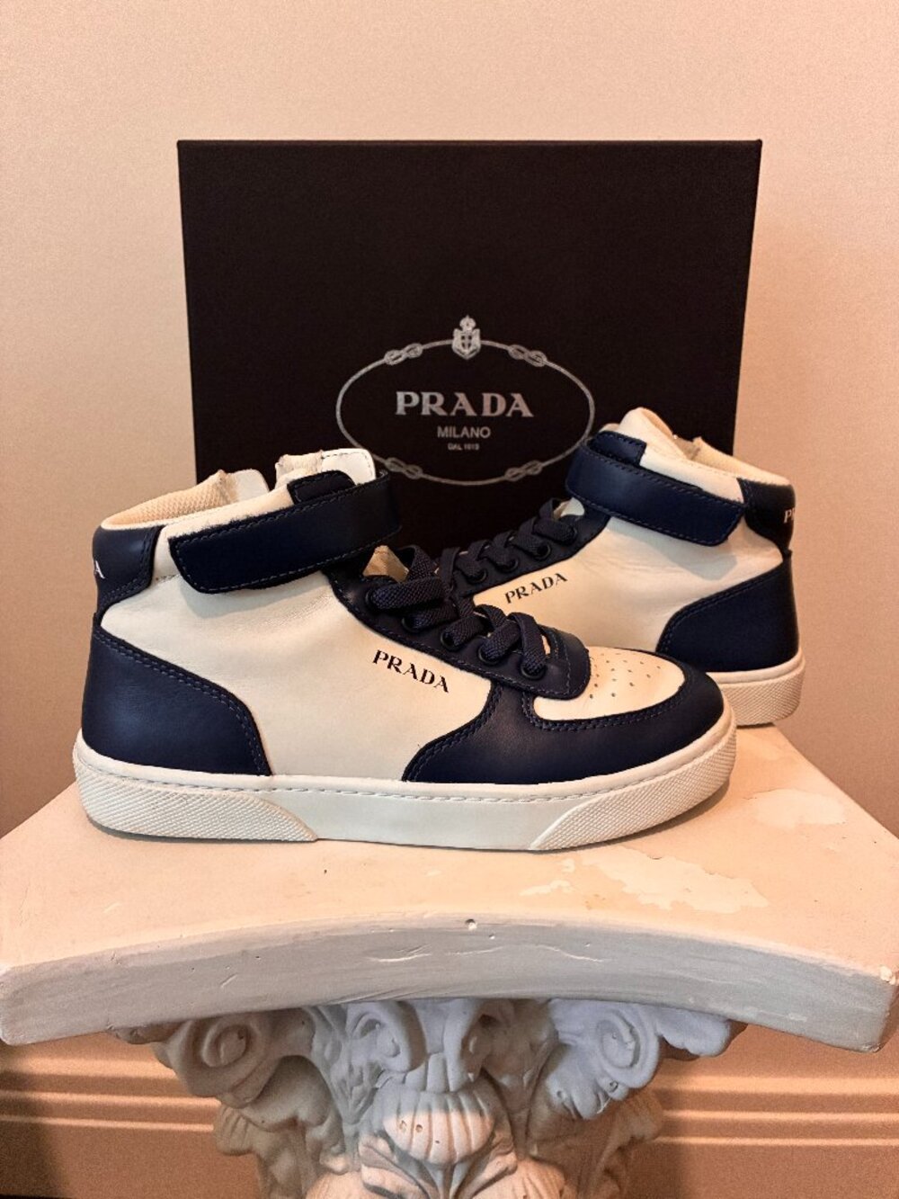 Prada Kids White Navy Leather High Top Sneakers EU 33 w/ Box